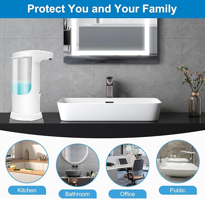 Automatic Liquid Soap Dispenser Touchless 12.5oz/370ml 3 Level Adjustable Infrared Sensor Battery Operated Water Resistant Hand Sanitizer Pump Dispenser for Bathroom Countertop Kitchen Sink