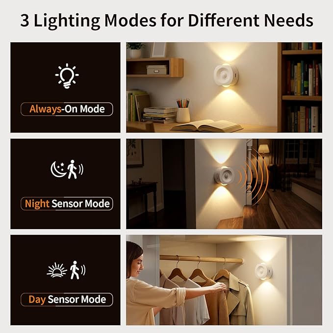Horta Rechargeable Motion Sensor Night Light 4 Pack, Dimmable LED Night Lights with 4 Modes & 3 Color Temperatures, Magnetic Stick-On Night Light for Hallway, Bedroom, Stairs, Closet, Bathroom
