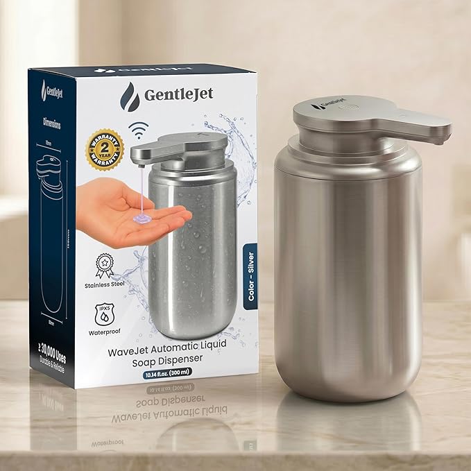 GentleJet WaveJet Automatic Liquid Soap Dispenser Touchless Sensor, USB-C Rechargeable, 304 Stainless Steel, IPX5 Waterproof for Bathroom Kitchen Sink, 10 oz / 300 ml