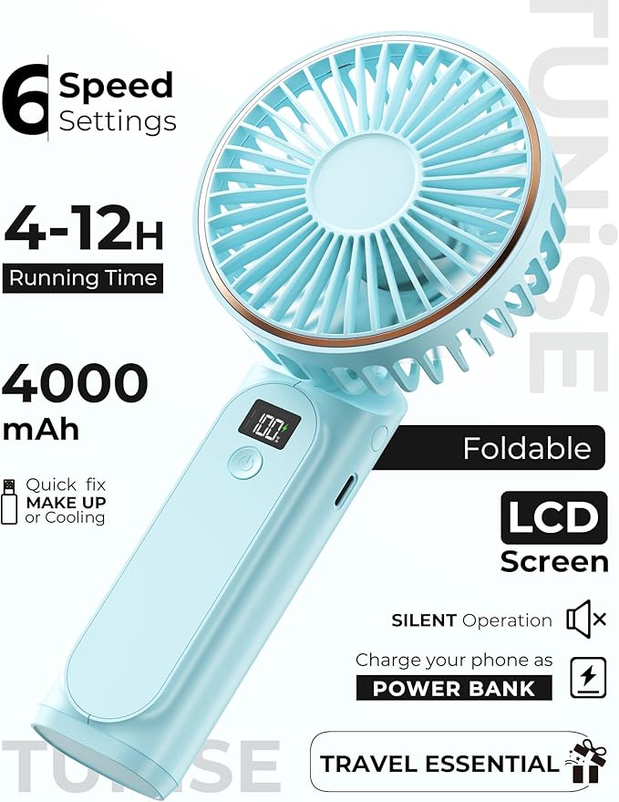 TUNISE Portable Handheld Fan, 4000mAh, 180 Adjustable, 6 Speed Wind, USB Rechargeable Foldable Fan with Real-Time Electricity Display