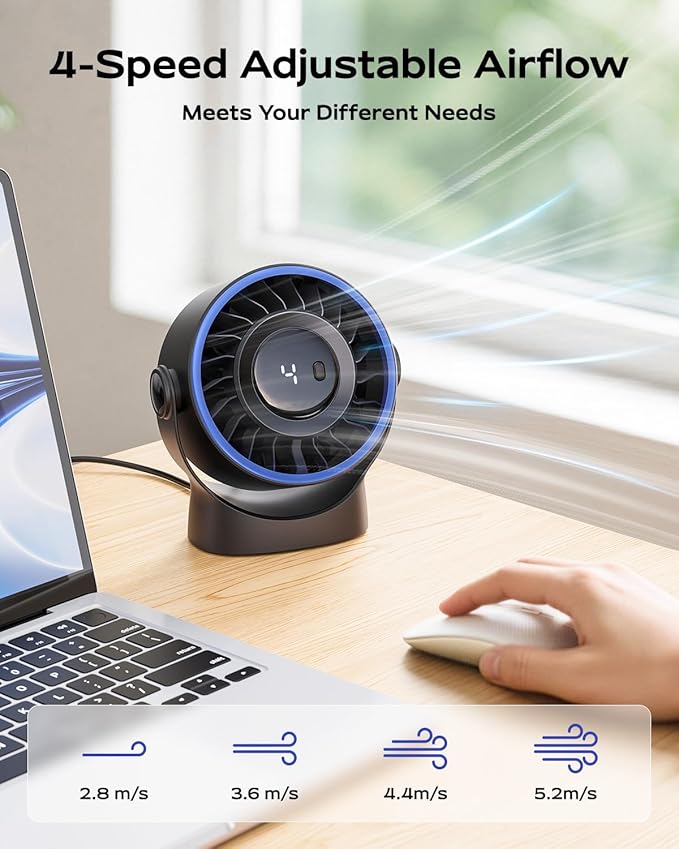 SWEETFULL USB Small Desk Fan - 5 Inch Mini Personal Desktop Fan, 4 Speeds Cooling Strong Airflow, 360° Adjustable Tilt, Quiet Portable Table Fans for Bedroom, Home, Office, Travel & Cruise, Black