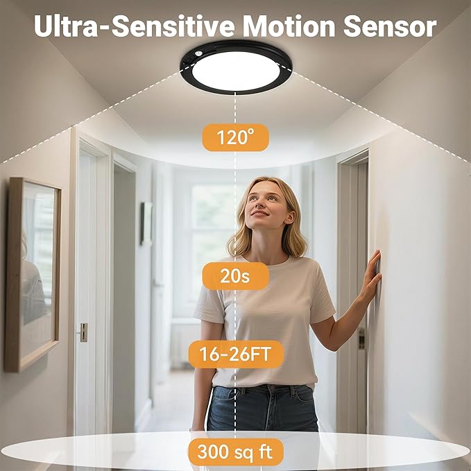 Wireless Closet Lights Motion Sensor - Black Rechargeable Ceiling Light Night Light Indoor, Battery Operated Led Lights for Bedroom with Remote, Living Room Bathroom Home & Kitchen Decor Lighting