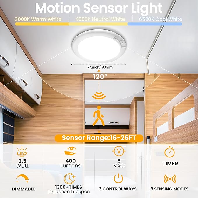 SunRider 2-Pack Rechargeable Motion Sensor LED Ceiling Light with Remote, Wireless Battery Operated 3CCT Dimmable Closet Lights for Shower Pantry