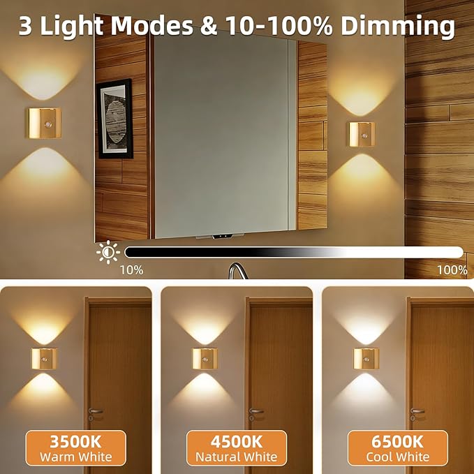 2 Pack Motion Sensor Wall Light, Rechargeable Wall Sconce with 3 Color Temperatures and Brightness Adjustable, Wireless Magnetic Mount for Bedroom, Stair, Hallway, Closet (2, Gold)