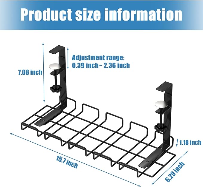 Under Desk Cable Management Tray, No Drill Steel Cord Organizer Kit with 52Pcs Different Essential Accessories for Home Office Standing Desk (15.7/13.4inch, Black)