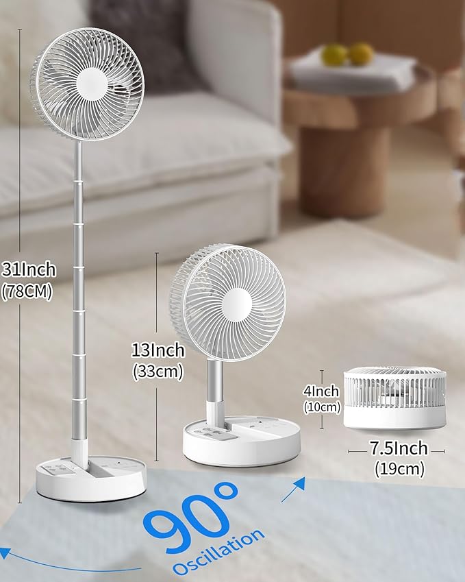 Portable Fan, 31'' Oscillating Standing Floor Fan, 5400mAh Battery Powered Foldable Desk Fan with 4 Speeds＆8H Timer, Personal Floor Fan for Bedroom, Small Travel Fan for Outdoor