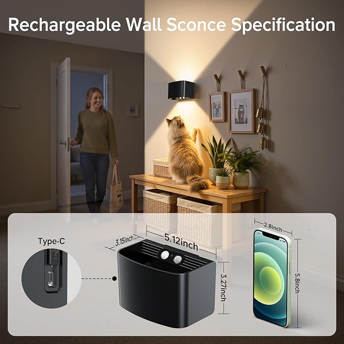 Motion Sensor Wall Light with Remote Control, 5000mAh Rechargeable Wireless Wall Sconce Set of 2, Motion Sensor Night Light Adjustable Brightness & Angle, Up and Down Battery Powered Wall Lamps Indoor
