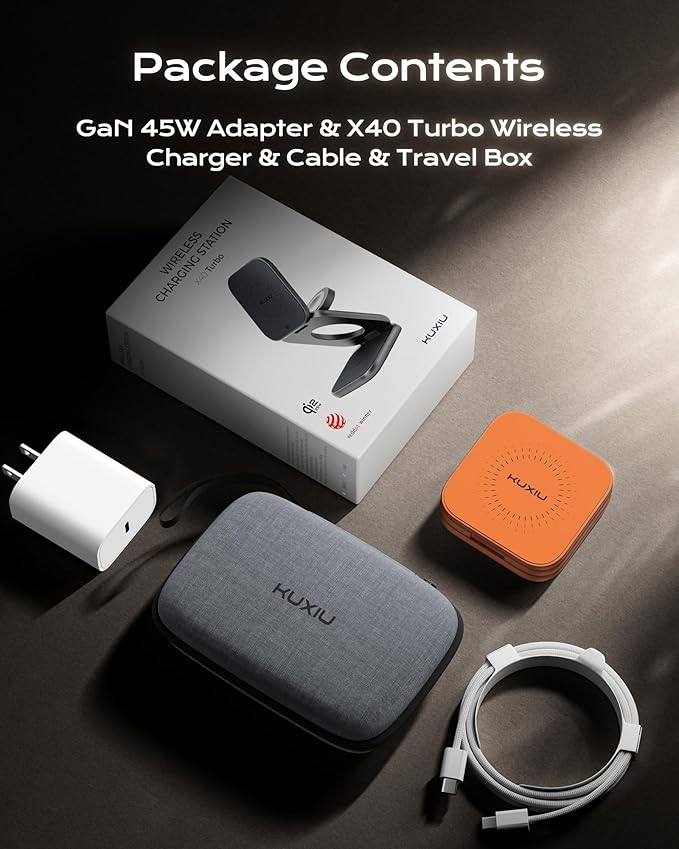 KU XIU Qi2.2 25W Magnetic Wireless Charger, Foldable 3 in 1 Travel Charging Station for iPhone 17/16/15/14/13/12, 5W for Apple Watch & AirPods, Aluminum Alloy Design, 45W GaN Adapter Included, Orange