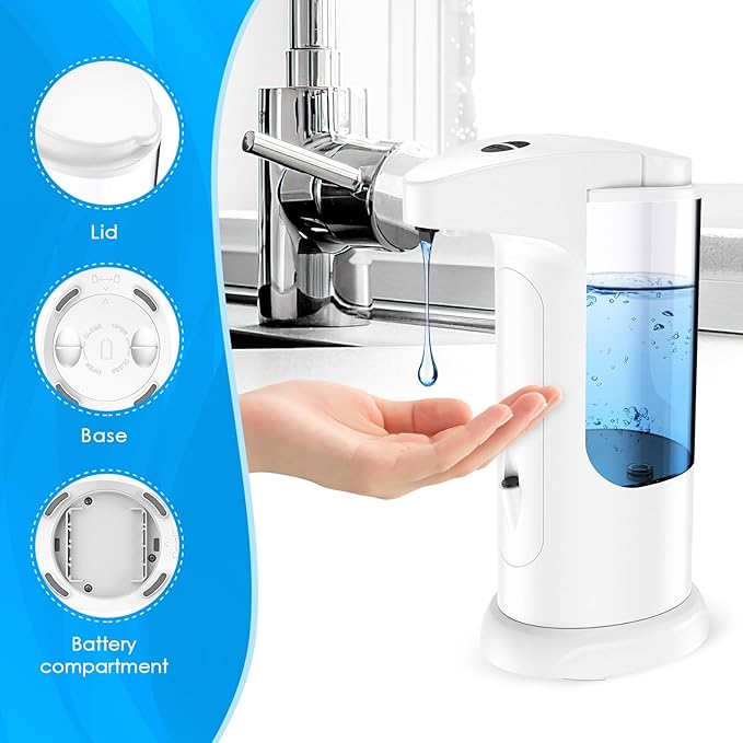 AMIR 12.5oz Touchless Automatic Soap Dispenser, Battery Operated Automatic Liquid Hand Soap Dispenser, Adjustable Volume, Water-Resistant for Kitchen and Bathroom