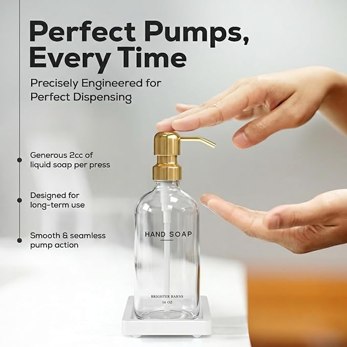 Luxury Glass Hand and Dish Soap Dispenser Set by Brighter Barns - Gold Kitchen Soap Dispenser Set with Stainless Steel Pumps and Ceramic Tray - Modern Kitchen Decor for Home, Airbnb, Gift (Clear/Gold)