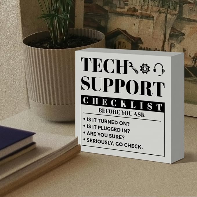 Funny Tech Support Gifts for Women Men, It Support Engineer Computer Programmer Christmas Birthday Gifts IT Office Cubicle Desk Decor Wooden Sign, Checklist Before You Ask