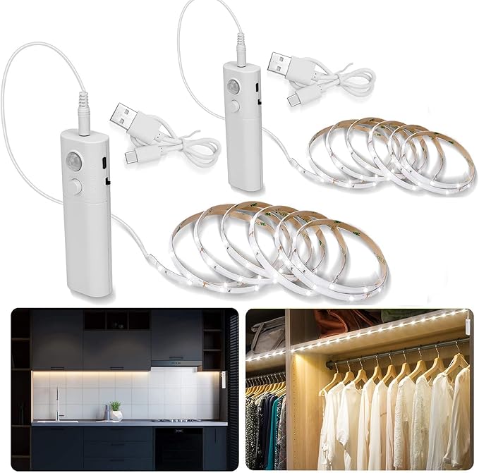 2 Pack Rechargeable LED Strip Lights with Motion Sensor - LUXJET 2M Cool White LED Closet Light Motion Activated, Under Cabinet Strip Light