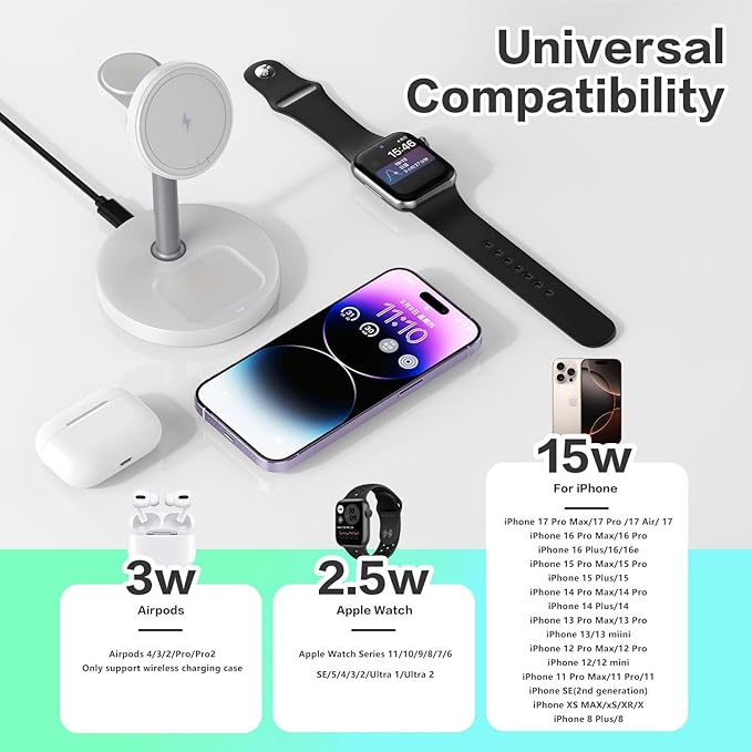3 in 1 Wireless Charging Station Compatible with MagSafe, 15W Fast Charging Magnetic Mag-Safe Charger Stand for Apple iPhone 17 16 15 14 13 12Series Apple Watch AirPods Pro 4 3 2, Gifts for Men Dad