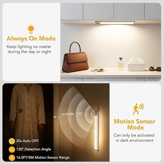 8.8 inch Under Cabinet Lighting, LED Motion Sensor Light with 3 Color Temps, 1500mAh USB Rechargeable Closet Lights, Dimmable Wireless Under Counter Lights for Stairway, Wardrobe, Kitchen(2 Pack)