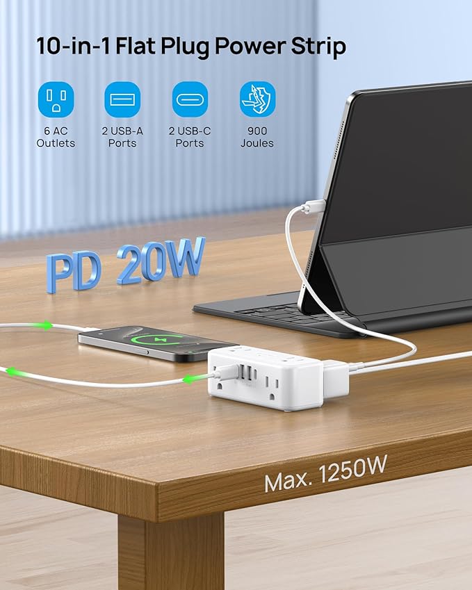 TROND 20W USB C Power Strip Surge Protector - 15ft Flat Plug Extension Cord with Multiple 6 Outlets, 900 Joules, 3 Side Design, Mountable, Compact for Home Office Desk College Dorm Room Essentials