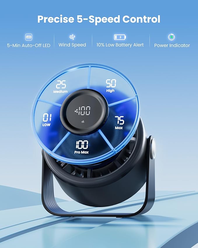 Gaiatop Small Desk Fan Rechargeable, Quiet Personal Table Fan, Touch Control Display, 360° Tilt, 5-Speed Strong Wind, 4000mAh Battery, Small Fans for Bedroom Dorm Office, Gifts for Women Men, Black