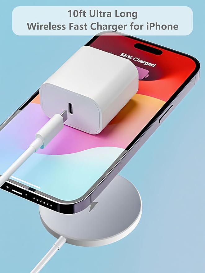 Magnetic Wireless Charger for Apple iPhone 17/16/15/14/13/12/11/AirPods, 2-Pack Fast Charging Long Cable 10ft Magnet Pad & 2-Pack Type-c Charger Block, White