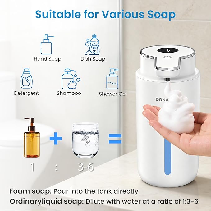 Automatic Foaming Soap Dispenser Touchless, 15oz/420ml USB-C Rechargeable Hand Soap Dispenser, 6-Level Adjustable Foam, IPX5 Waterproof, Wall Mount or Countertop for Bathroom Kitchen, White