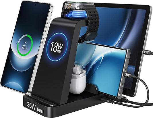Wireless Charger Station for Samsung Galaxy Watch, 5 in 1 Fast Charging Dock Compatible with Galaxy Watch Ultra 8 7 6 5, Galaxy S Series, Galaxy Buds, Multi Device Wireless Charger Stand Black