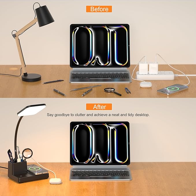 Desk Lamp, Table Lamp with Wireless Charger & USB Port, 800LM CRI95 3 Color Modes Dimmable Touch Flexible Arm Pen Holder, LED Desk Lamps for Home Office, College Dorm Room, Adapter Included