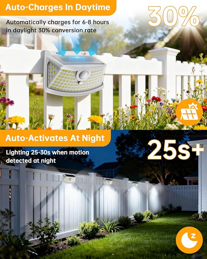 Aootek New Solar Motion Sensor Lights 120 LEDs with Lights Reflector,270° Wide Angle, IP65 Waterproof, Step Lights for Front Door, Yard, Garage, Deck (White, Daylight White, 2-Pack)