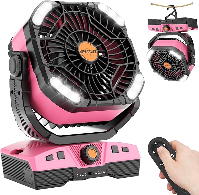 WESTTREE Camping Fan Oscillating Portable Fan 20000mAh Battery Powered Fans Rechargeable Camping Tent essentials Light Hook 270° Pivot USB Desk Outdoor Battery Operated X68 Pink