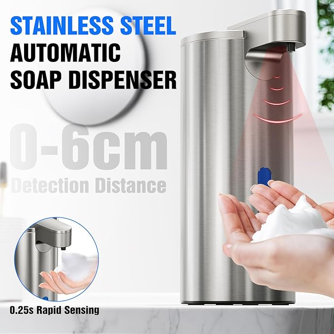 Fantictas Automatic Foaming Soap Dispenser Touchless, Stainless Steel 11.5 oz 3 Levels Adjustable Hand Soap Dispenser with Rechargeable Sensor Pump for Kitchen & Bathroom Liquid Soap