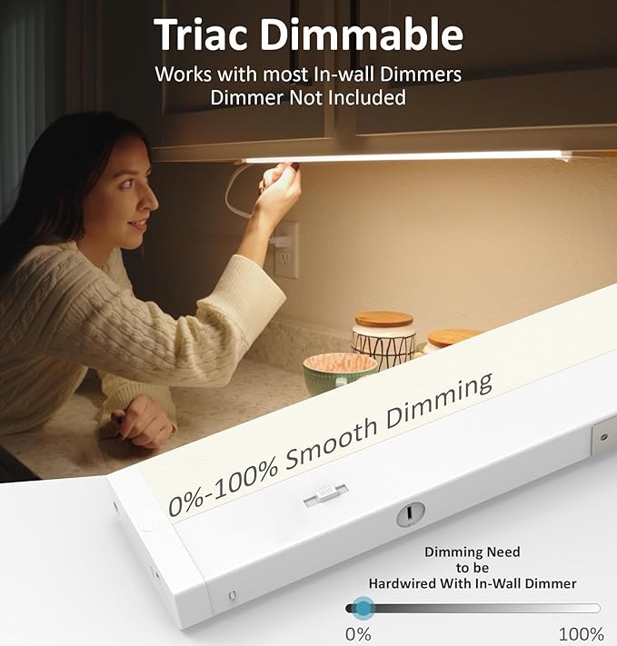 Leetdud LED Under Cabinet Lighting Hardwired or Plug in, 18 Inch 9W, Dimmable 5 Color 2700K/3000K/3500K/4000K/5000K, Linkable Eyes Care Design Counter Lights for Kitchen, Sink, ETL Listed, White