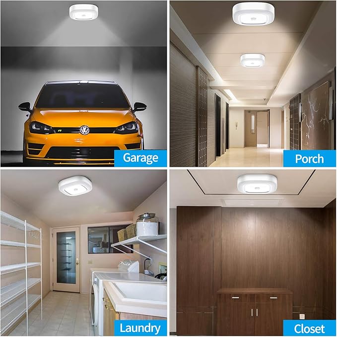 WhitePoplar Motion Sensor Ceiling Light Battery Operated, Wireless Motion Activated LED Light 300LM White Indoor Lights for Closet Cordless Stair Hallway Bedroom Pantry Shed Shower Light