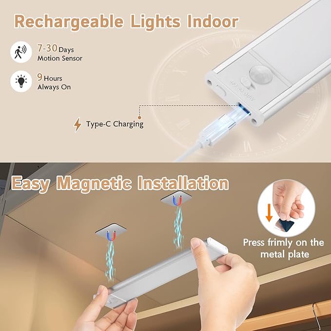 Under Cabinet Lighting Wireless, 4Pack Motion Sensor Light Indoor with 3 Color Temps, Dimmable Closet Lights Battery Operated, LED Magnetic Light, Rechargeable Under Counter Lights for Kitchen Stairs