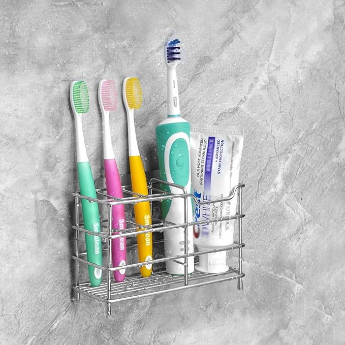 Linkidea Toothbrush Holder for Shower, Bathroom, Stainless Steel Tooth Brush Storage Stand Rack, Wallmount/Countertop 7 Slot Organizer Compatible with Colgate Extra Clean, Oral-B CrossAction