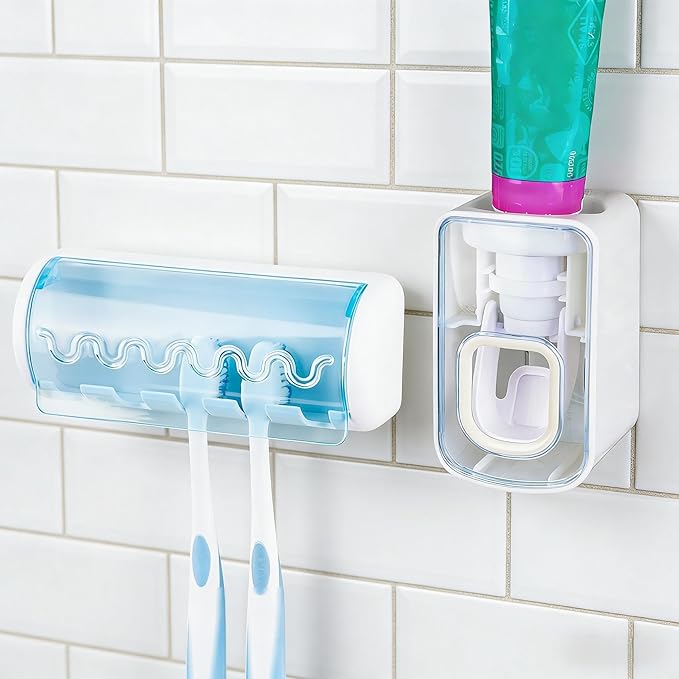 5 Slots Wall Mount Toothbrush Holder with Cover, Self Adhesive Toothbrush Storage Organizer for Shower, Toothbrush Hanger with Automatic Toothpaste Squeezer Dispenser (Blue)