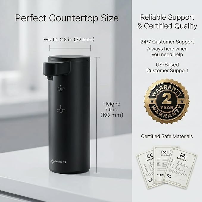 GentleJet OpalDrop Automatic Liquid Soap Dispenser for Kitchen Sink Touchless No-Drip Pump, USB-C Rechargeable, 304 Stainless Steel, IPX5 Water-Resistant, 270 ml