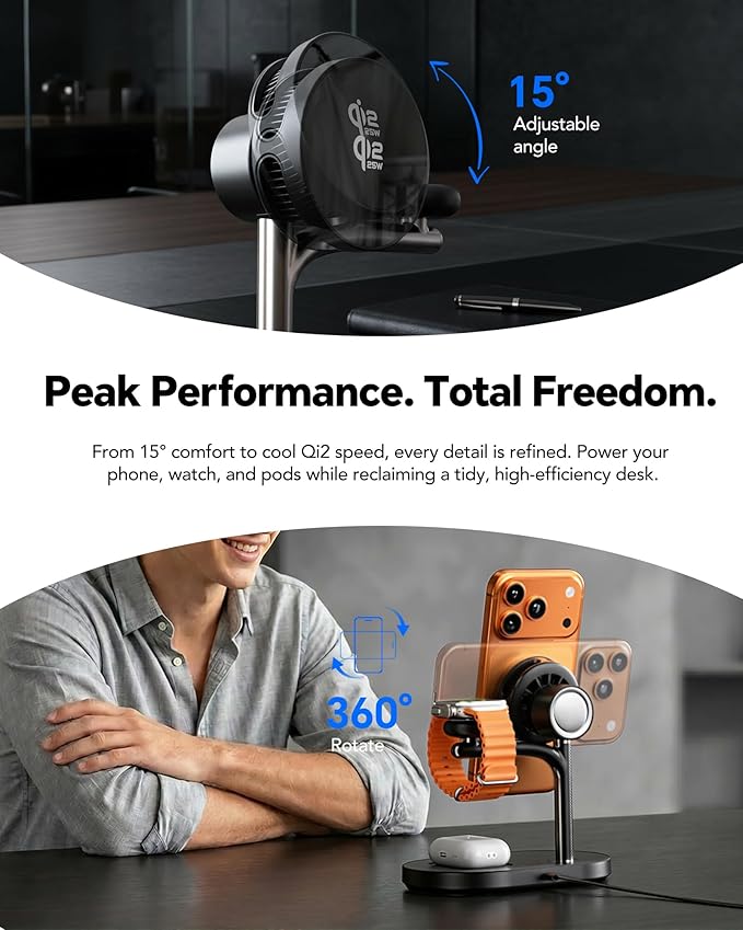 Qi2.2 25W 3 in 1 Wireless Charging Station with TEC Active Cooling Mag-Safe Charger Stand,Magnetic Wireless Charger for iPhone 17-8,Galaxy S26/S25/S24,Apple/Samsung Watch,Pods/Buds(45W Included)