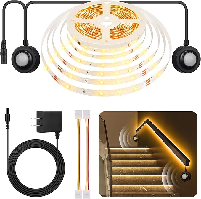 Dual Motion Sensor Light Indoor Under Bed Lights,16.4Ft Motion Activated LED Strip Lights for Bedside,12V Warm White Under Cabinet Light Two Motion Sensors LED Strip for Stair Closet Hallway