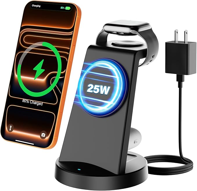 25W Magnetic 3-in-1 Wireless Charging Station for Apple Multiple Devices: Qi2.2 Fast Charger Stand for iPhone Air 17 16 15 14 13 12 Pro Max, Apple Watch and AirPods-Perfect for Business and Travel