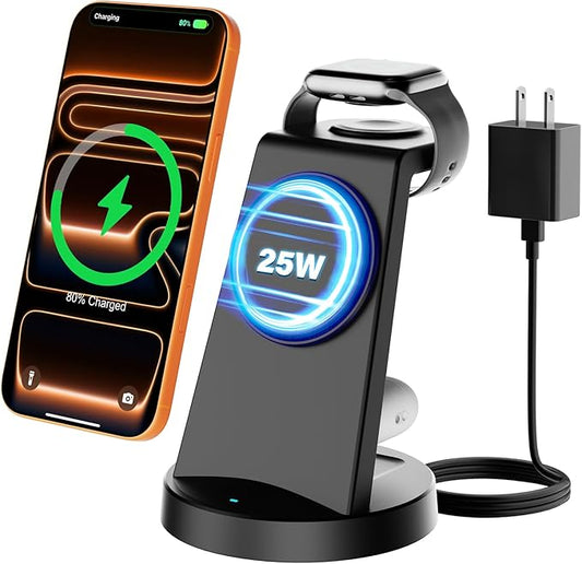 25W Magnetic 3-in-1 Wireless Charging Station for Apple Multiple Devices: Qi2.2 Fast Charger Stand for iPhone Air 17 16 15 14 13 12 Pro Max, Apple Watch and AirPods-Perfect for Business and Travel