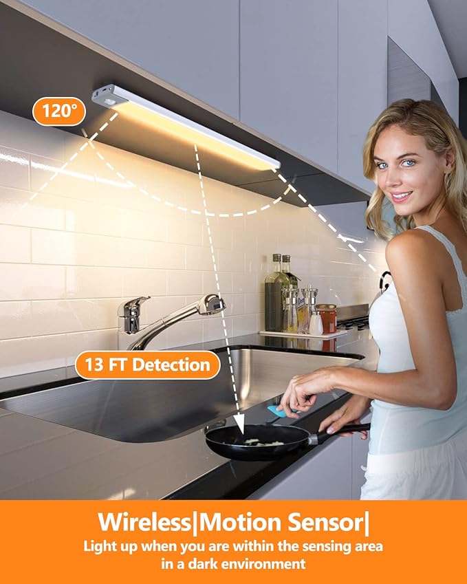 PRIORARE Under Cabinet Lighting 54 LED Motion Sensor Closet Light, 2500mAh Rechargeable Ultra Thin Magnetic Closet Lighting, 350lm Led Wireless Lights for Kitchen, Stairs(Warm White, 2Pack)