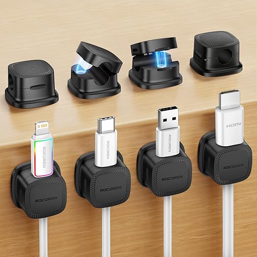 8 Pack Magnetic Cable Clips, Rocoren Under Desk Cord Holder Cable Management-1s Lock, Adhesive Cord Cable Clip Wire Holder Keeper Organizer for Phone Car Home Office Desk Wall Desktop Nightstand