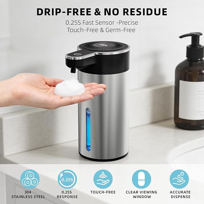 Touchless Automatic Foaming Soap Dispenser for Kitchen, Rechargeable, 13.5oz Large Capacity, Fast Sensor, 4 Adjustable Liquid Levels, Waterproof, Clog-Free Pump(Stainless Steel Foam)