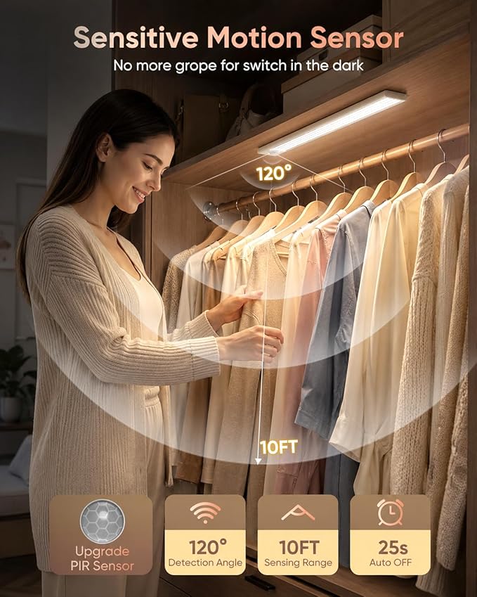 12inch Under Cabinet Lighting Wireless, 152LED Motion Sensor Light Indoor, USB Rechargeable Closet Lights, 3 Color Temps & Dimmable, Stick On Under Counter Lights for Kitchen, Pantry, Stairs, 5 Pack