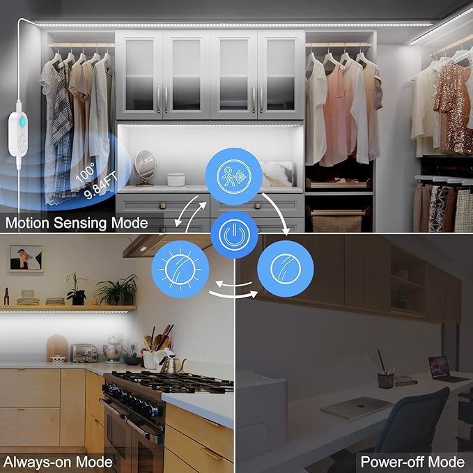 Motion Sensor Under Cabinet Lights Plug-in LED Strip Lights Indoor Cold White 6000K Super Bright 2000lm with 12V Adapter, Dimmer and Timer for Kitchen Cabinet, Shelf, Wardrobe, Stairway…