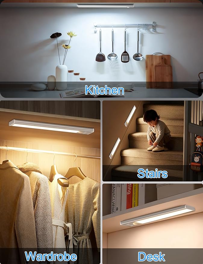 14in Under Cabinet Lighting with Charging Station, 3200mAh Rechargeable Motion Sensor Light Indoor, 3 Color Tempers Dimmable Closet Lights Wireless, Magnetic Under Cabinet Lights for Kitchen, 3-Pack