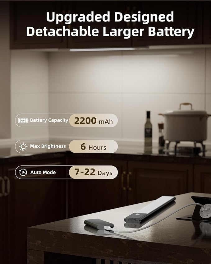 EZVALO Under Cabinet Lighting, 2200mAh Rechargeable Battery, 76 LEDs Dimmable Closet Lights, 3 Color Temps, Motion Sensor Light Indoor for Kitchen, Closet