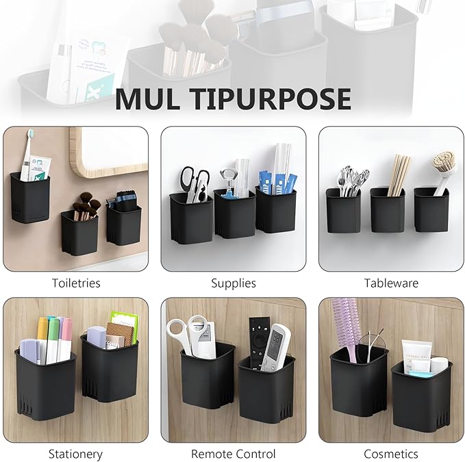 Toothbrush Holder Cup Wall Mounted Drill-Free for Bathroom Shower Electric Toothbrush Toothpaste Razor Holder Removable Waterproof Sturdy Self Draining, Tableware Holder for Kitchen(1pcs&Black)