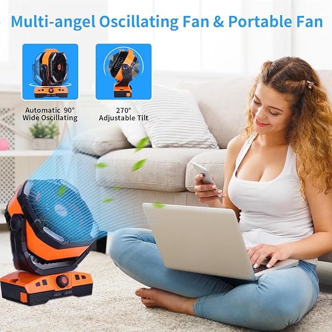 WESTTREE 20000mAh Camping Fan Oscillating Portable Fan Battery Powered Fans Rechargeable Camping essentials with Light Hook, 270° Pivot USB Desk Battery Operated Outdoor Tent Travel