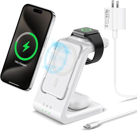 Smtcsl 3 in 1 Wireless Charging Station: 5000mAh Removable Power Bank Charger Stand for Phone/Watch/Air Pods - Portable Magnetic Battery Pack for Air 17 16 15 14 13 12 Series White