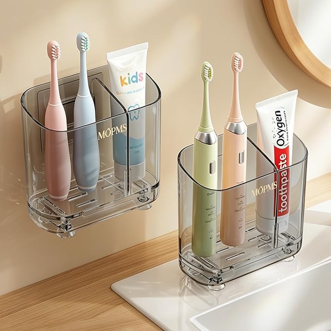 Toothbrush Holders with Drainage for Bathroom Countertop Organizer, 2 Slots Electric Toothbrush Holder Wall-Mount with Divider for Easy Clean, Tooth Brush and Toothpaste Holder for Bathroom Kitchen