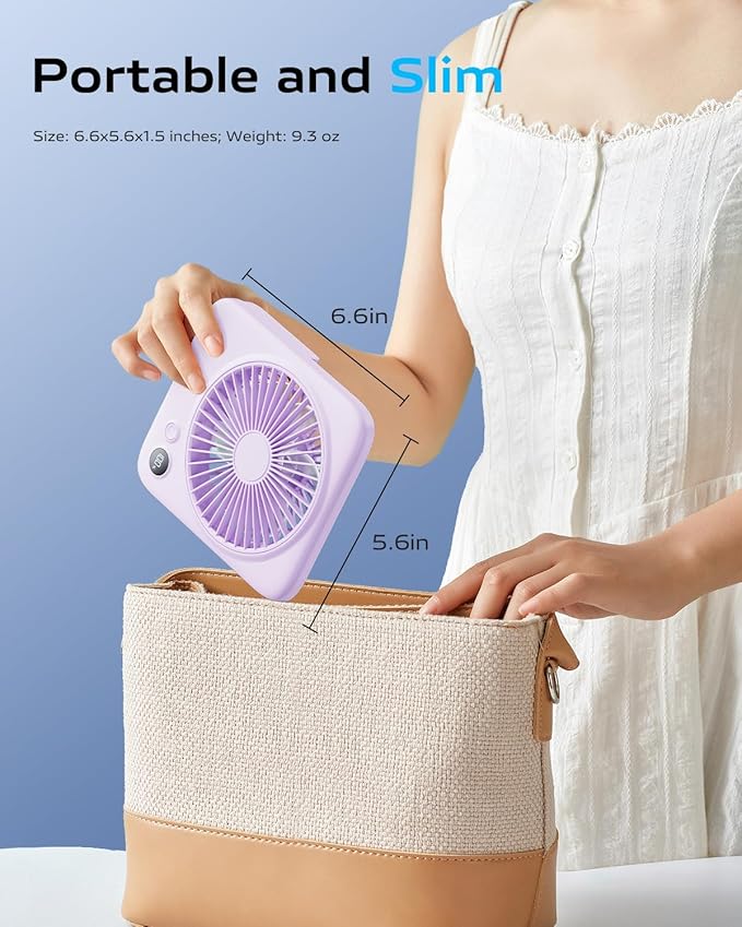 Otlonpe Portable Desk Fan 6.5 Inch, 4000mAh Rechargeable Battery Operated & USB Powered, 23Hrs Cordless Small Personal Fan 4-Speed Quiet for Office Travel Home Sleeping, Led Display, Foldable (Purple)