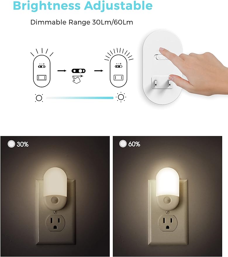 L LOHAS LED Motion Sensor Night Light Plug in, Motion Activated Night Light, 5000K Daylight White, Night Lights Plug Into Wall, Adjustable Brightness, Nightlights for Bathroom, Kids, Hallway, 4 Pack